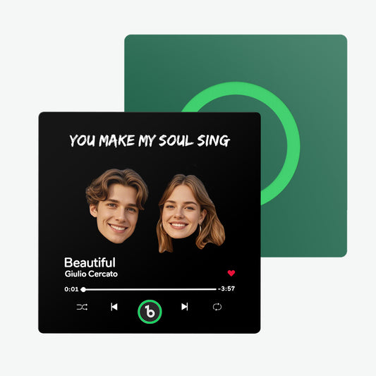 Frameless personalised music fridge magnet with custom couple photo and text on premium acrylic — 10cm x 10cm album magnet for anniversaries and Valentine’s gifts