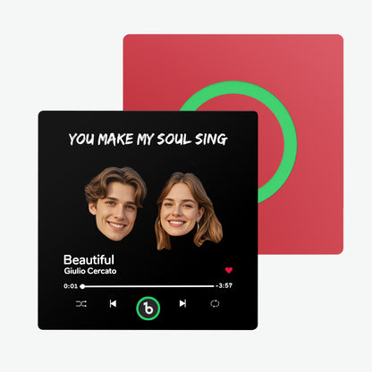 Gift presentation of the personalised music fridge magnet ready for gifting — romantic keepsake for Valentine’s Day and anniversaries