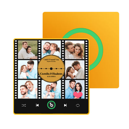 FridgeBeats Framed 4.0 personalised singing fridge magnet — acrylic photo collage, 10cm×10cm, rechargeable and plays your MP3 when the fridge opens