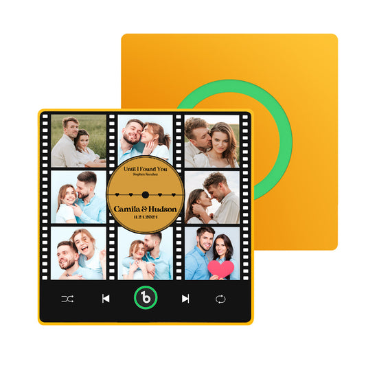 FridgeBeats Framed 4.0 personalised singing fridge magnet — acrylic photo collage, 10cm×10cm, rechargeable and plays your MP3 when the fridge opens