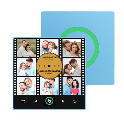 Angled view of FridgeBeats Framed 4.0 — elegant acrylic frame, compact 10cm×10cm size and clear personalised photo collage