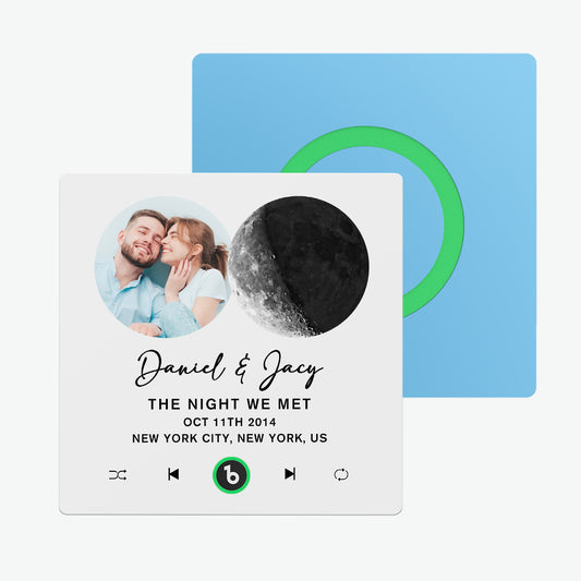 FridgeBeats Frameless 4.0 personalised moon phase music fridge magnet on a stainless‑steel fridge, playing a custom song – perfect custom song gift