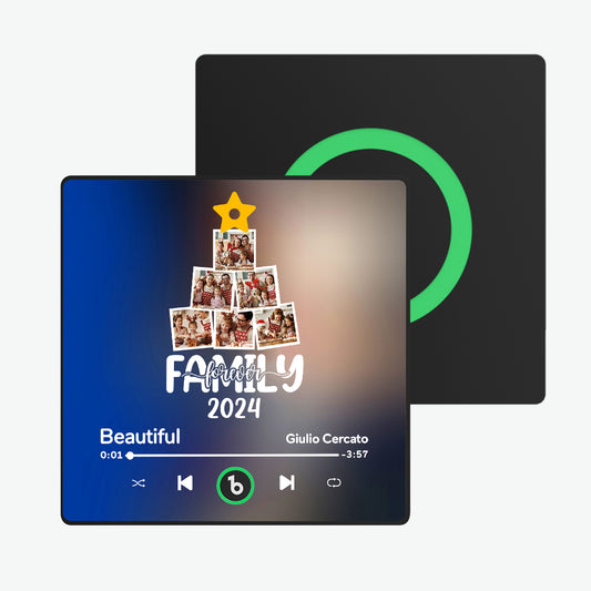 FridgeBeats framed personalised music fridge magnet — front close‑up with photo and play button, playable photo Christmas gift