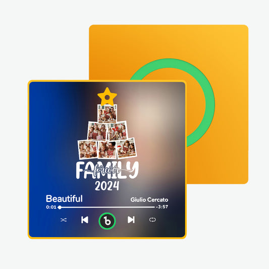 FridgeBeats framed personalised music fridge magnet — front close‑up with photo and play button, playable photo Christmas gift