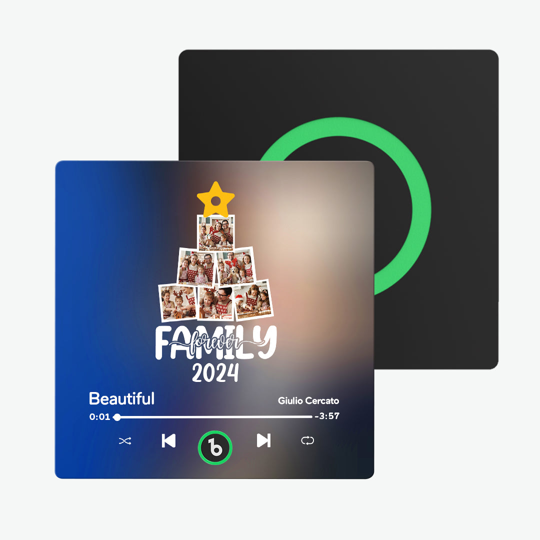 Lifestyle shot of personalised FridgeBeats magnet on a fridge door playing a favourite tune — custom photo and romantic song ideal for Valentine’s