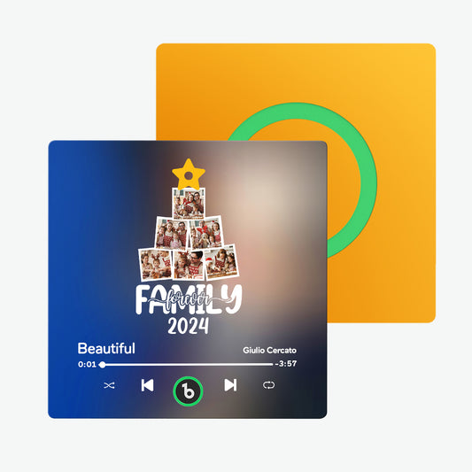 FridgeBeats frameless personalised music fridge magnet with custom photo and playable song — 10cm acrylic rechargeable speaker, perfect Christmas gift