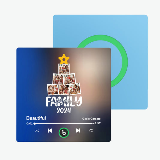 FridgeBeats frameless personalised music fridge magnet with custom photo and playable song — 10cm acrylic rechargeable speaker, perfect Christmas gift