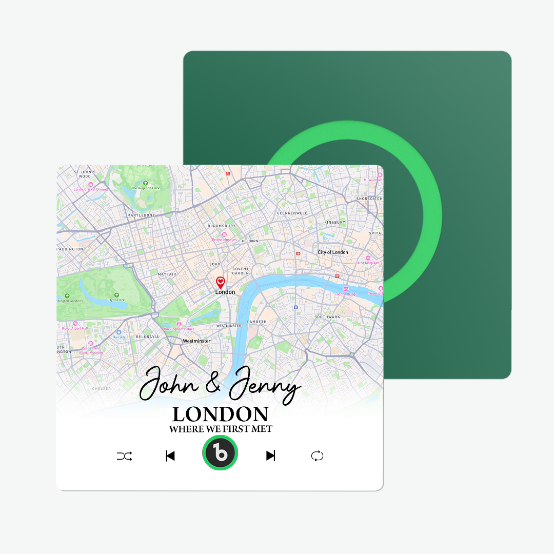 Example of personalised text and photo option on FridgeBeats frameless map music magnet — custom name and message engraving sample