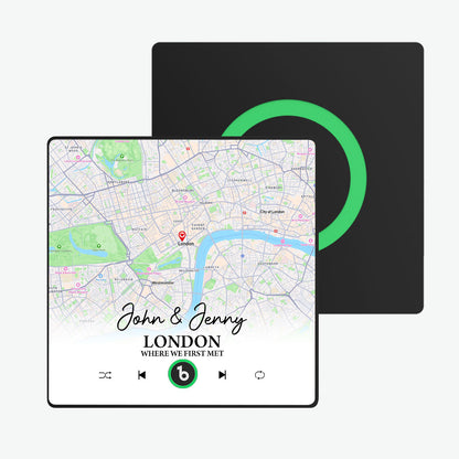 Detailed view of the framed custom map and crisp personalised text on the FridgeBeats music fridge magnet — high-resolution customisation