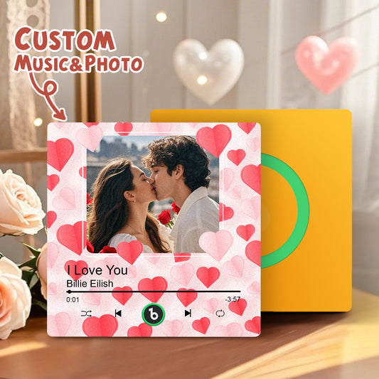 FridgeBeats frameless personalised music fridge magnet sticker with heart accents and custom photo playing a love song – perfect Valentine's Day gift