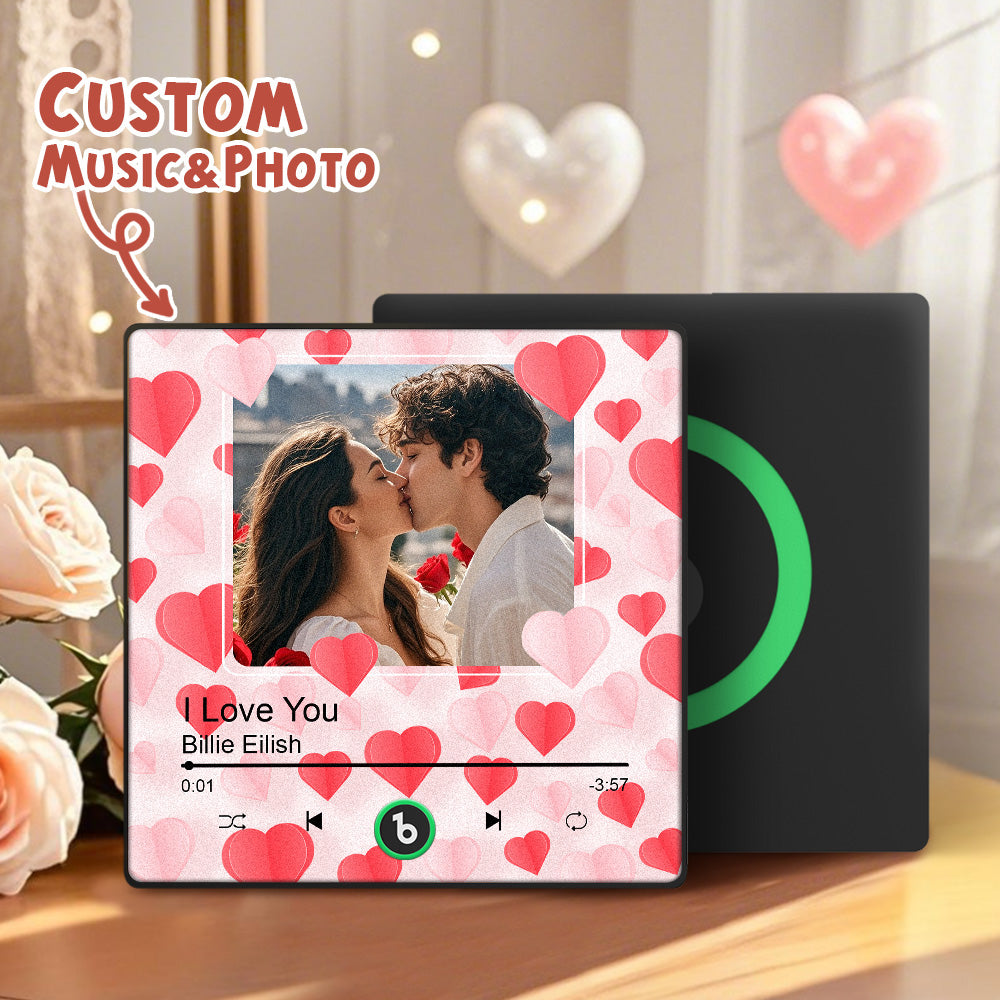 Detail of play button and speaker on FridgeBeats personalised framed photo magnet – plays uploaded romantic song, perfect for Valentine’s