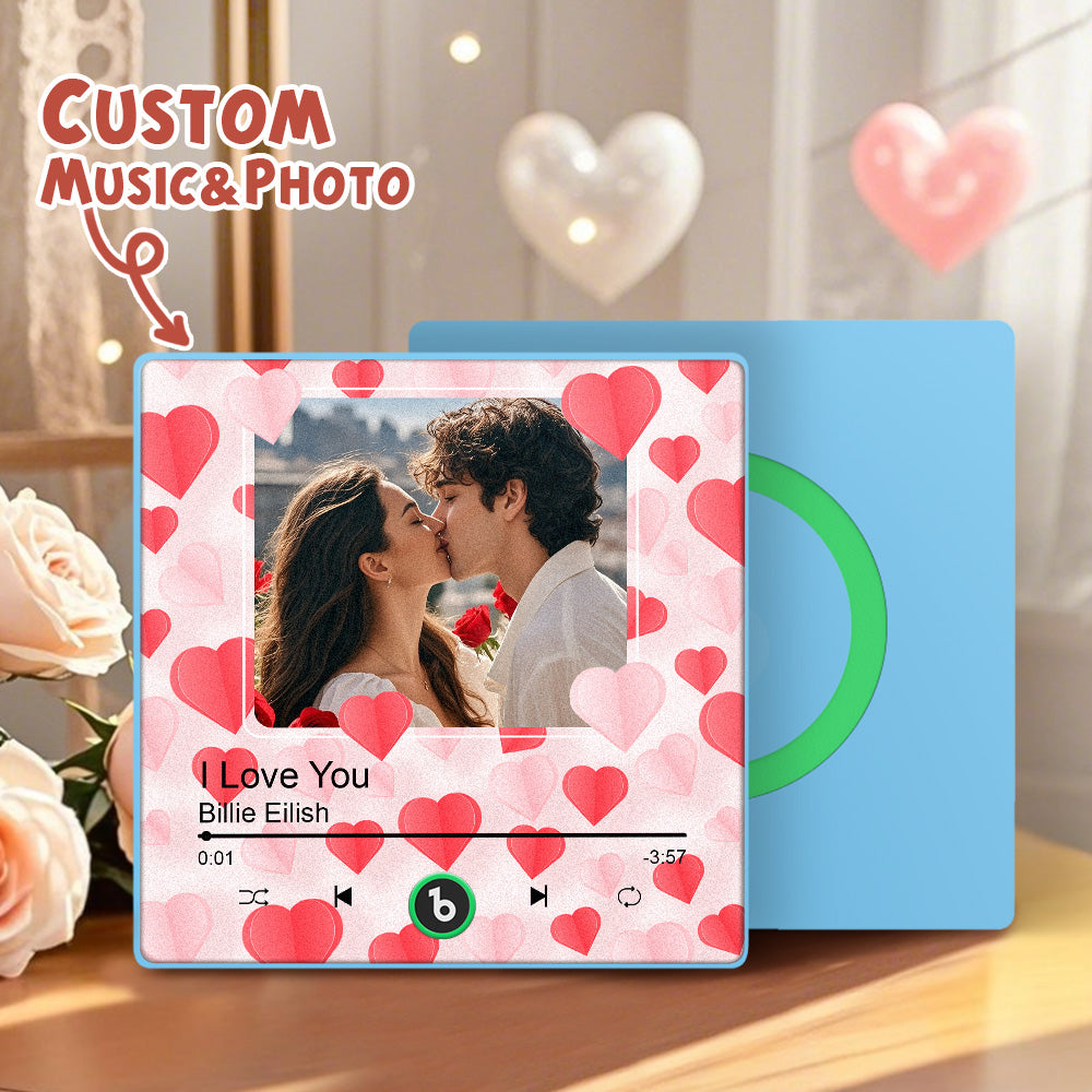 Two FridgeBeats personalised music fridge magnets with heart motifs and colourful frames – ideal anniversary or Valentine’s gifts