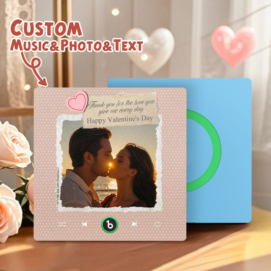 Front view of Personalised Frameless Music Fridge Magnet — frameless heart acrylic with custom photo and engraved text, rechargeable keepsake (10cm × 10cm × 1cm)