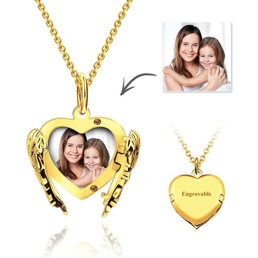 Cutsom Angel Wings Heart Locket Necklace	with Engraving