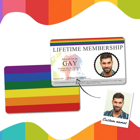 Personalised LGBT ID card wallet insert – credit-card sized PVC (3.4 x 2.1 inch) with custom rainbow flag and personalised text, custom gay pride membership card