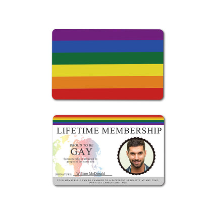 Close-up of personalised Pride membership card front showing vibrant rainbow flag, custom name text and glossy PVC finish – personalised pride gift