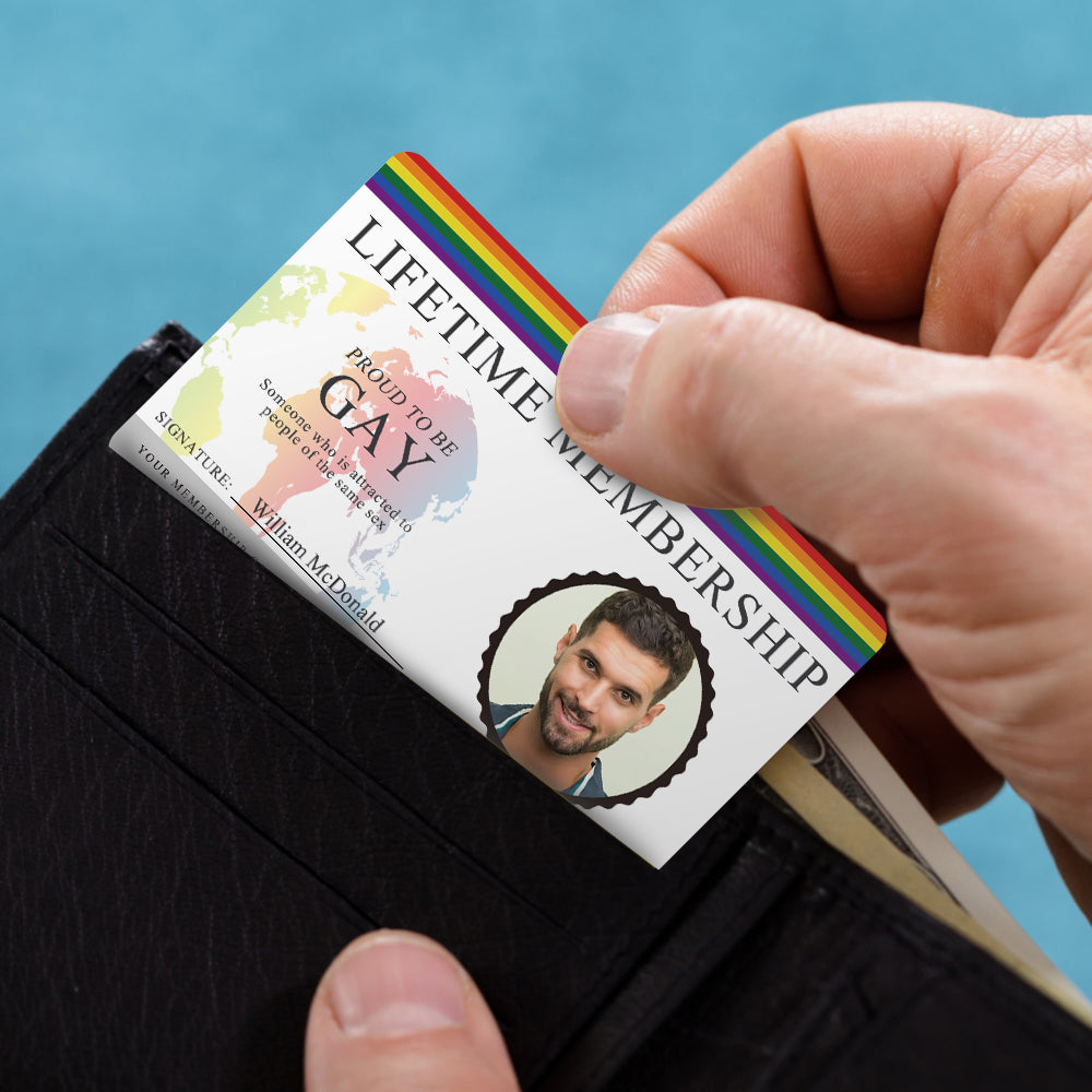 Reverse view of personalised LGBT wallet insert with space for custom details and barcode mock-up, durable PVC keepsake for Pride Month