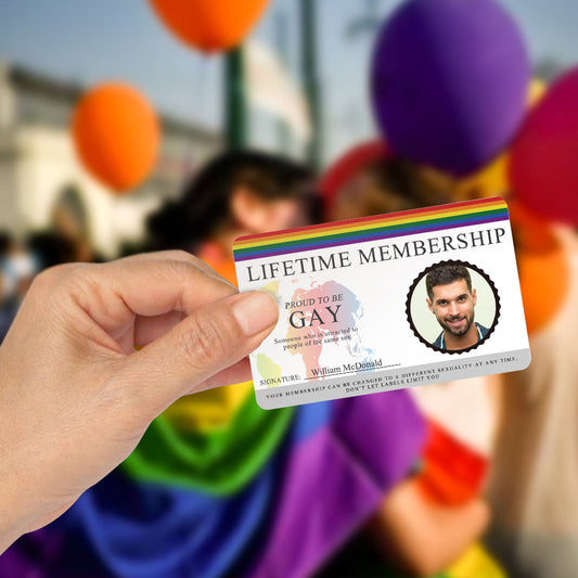 Personalised LGBT ID card wallet insert – credit-card sized PVC (3.4 x 2.1 inch) with custom rainbow flag and personalised text, custom gay pride membership card