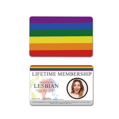 High-resolution print detail on personalised rainbow flag card highlighting vibrant colours and long-lasting PVC print quality for a personalised pride card