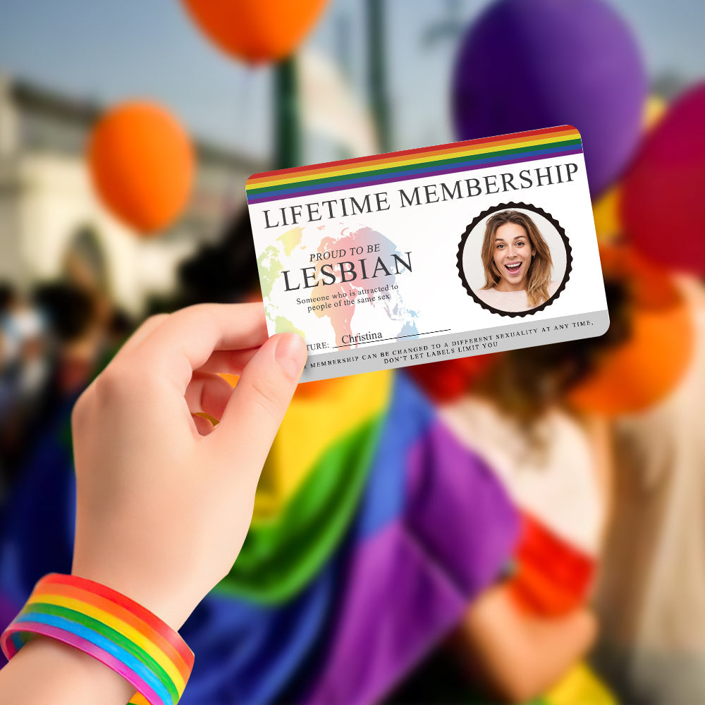 Personalised LGBT ID card inserted into a standard wallet slot to demonstrate credit-card fit and everyday portability – custom gay pride membership card