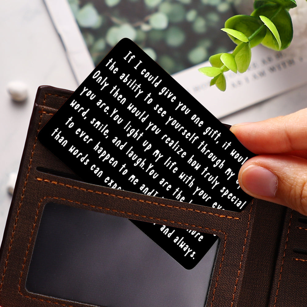 Personalised engraved wallet card close-up showing custom text message — slim plastic keepsake gift for him (husband, boyfriend, dad), ideal for Valentine’s Day and Father’s Day