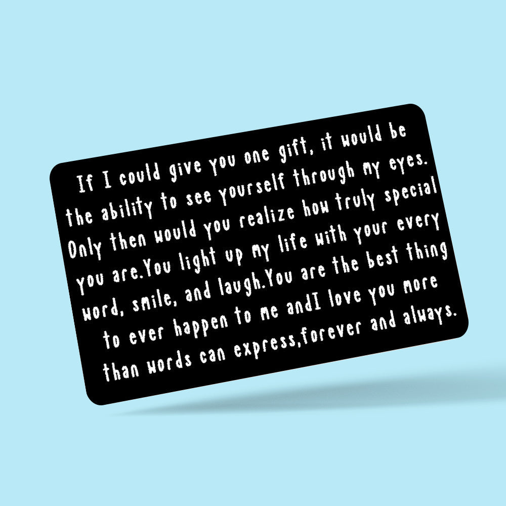 Personalised engraved wallet card close-up showing custom text message — slim plastic keepsake gift for him (husband, boyfriend, dad), ideal for Valentine’s Day and Father’s Day