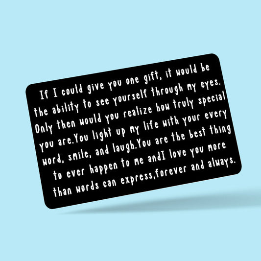 Personalised engraved wallet card close-up showing custom text message — slim plastic keepsake gift for him (husband, boyfriend, dad), ideal for Valentine’s Day and Father’s Day
