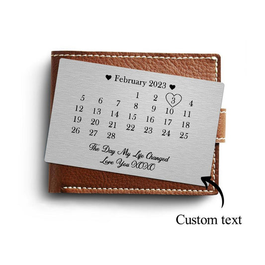 Slim metal wallet card in a standard wallet slot showing personalised engraved date — perfect romantic or Father's Day gift