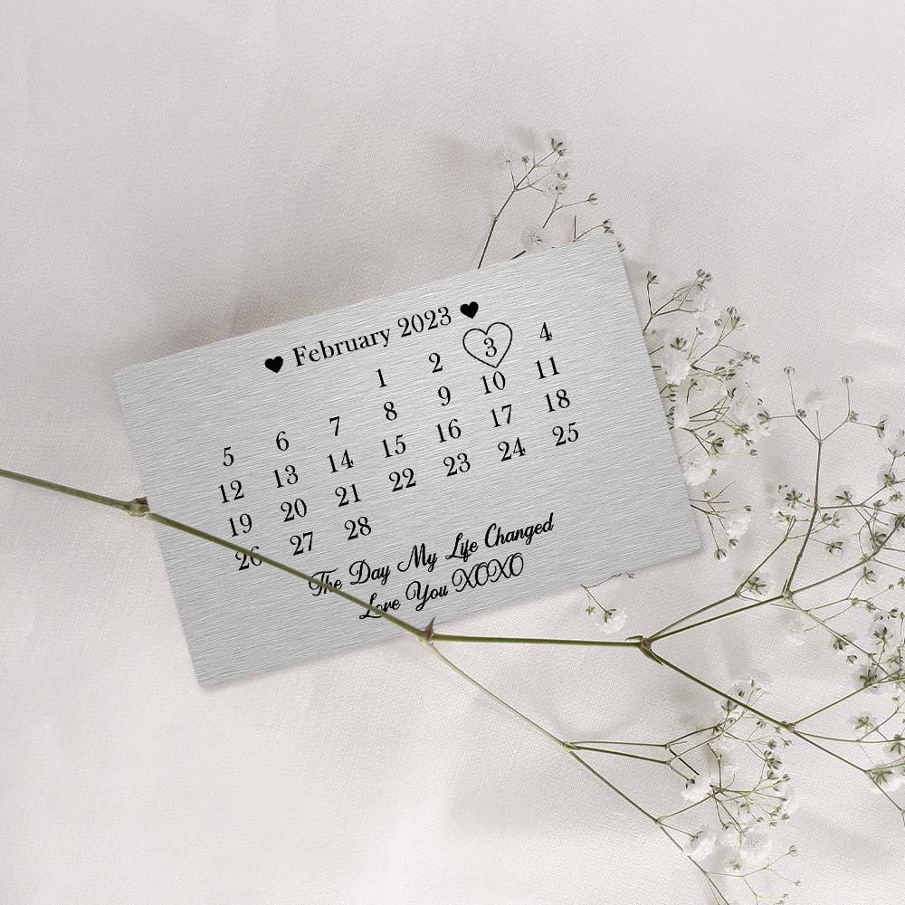 Slim metal wallet card in a standard wallet slot showing personalised engraved date — perfect romantic or Father's Day gift