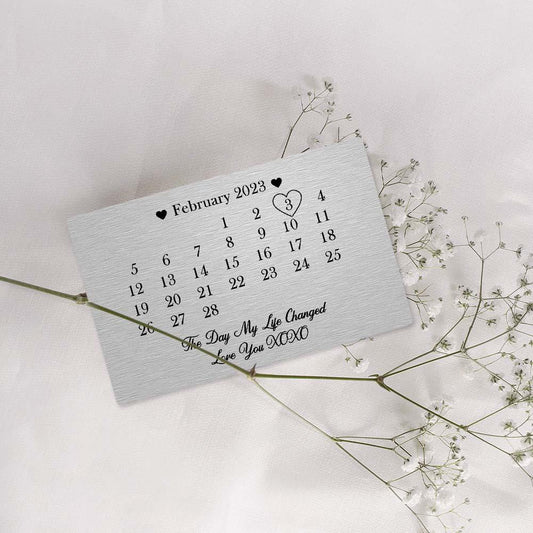 Slim metal wallet card in a standard wallet slot showing personalised engraved date — perfect romantic or Father's Day gift