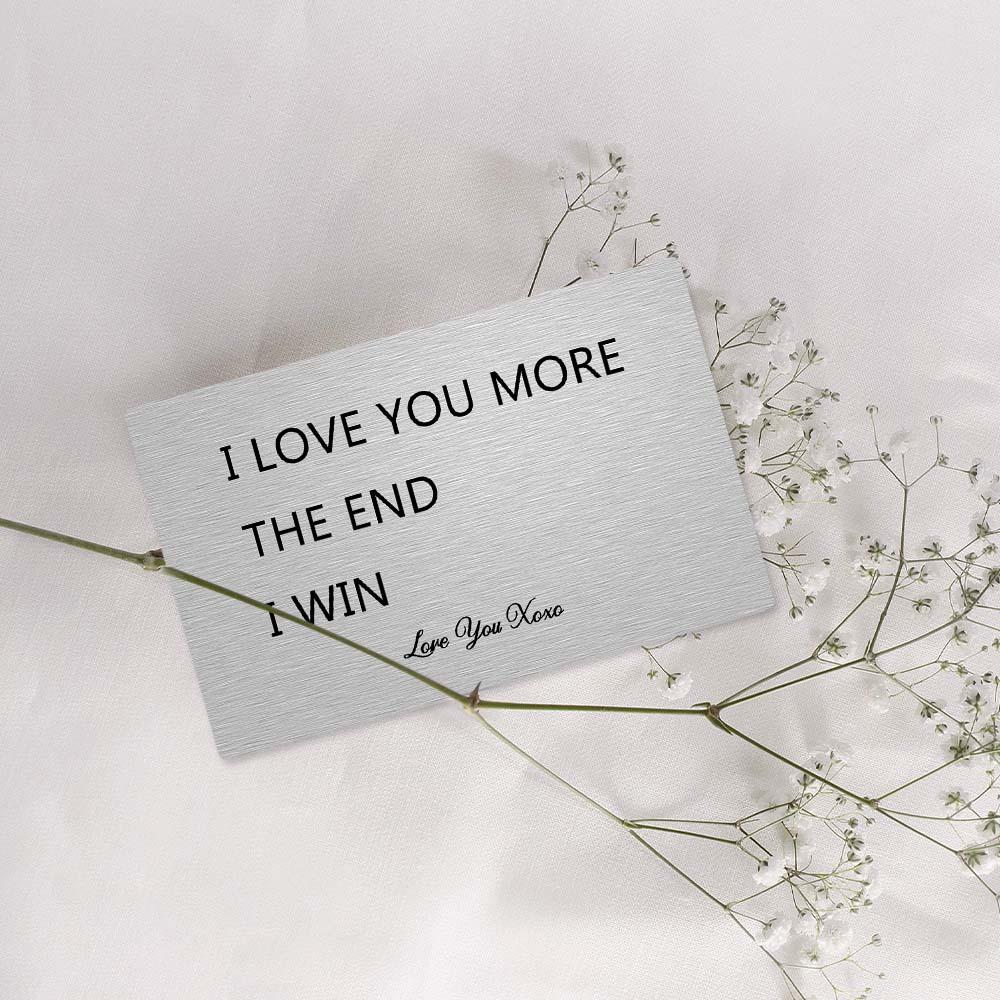 Angled view of the personalised metal wallet card showing customisable reverse engraving and durable silver finish — ideal 25th Silver Anniversary or Valentine’s gift for husband