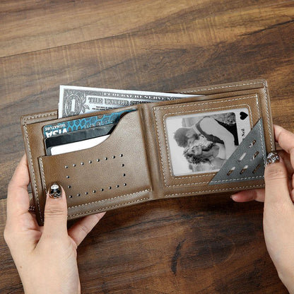Personalised stainless steel wallet card with Polaroid-style photo — custom photo keepsake with optional engraving