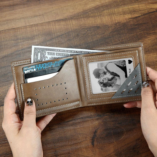 Personalised stainless steel wallet card with Polaroid-style photo — custom photo keepsake with optional engraving