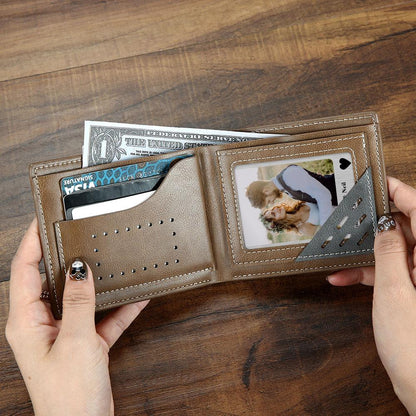 Polaroid-style personalised metal wallet photo card displayed flat to show photo area and smooth finish