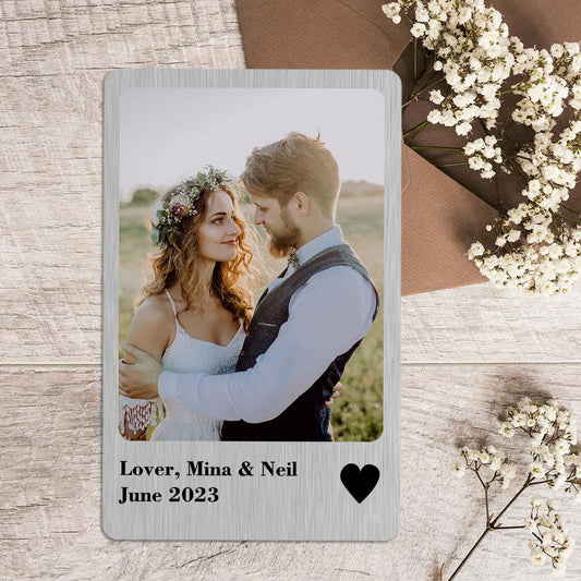 Personalised stainless steel wallet card with Polaroid-style photo — custom photo keepsake with optional engraving