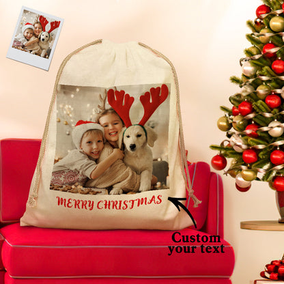 Personalised Santa sack with printed name and photo – large 27 x 18 inch drawstring Christmas gift bag and festive keepsake