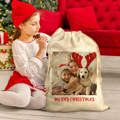 Drawstring closure detail on personalised photo Santa sack keeping gifts secure, large capacity Christmas storage and reusable gift bag