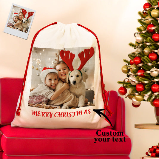 Personalised Photo Santa Sack – large drawstring Christmas gift bag with custom family photo, 27 x 18 inch festive present bag