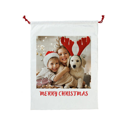 Personalised Photo Santa Sack hung on a mantelpiece, large customised Christmas gift bag in 69 x 46 cm size