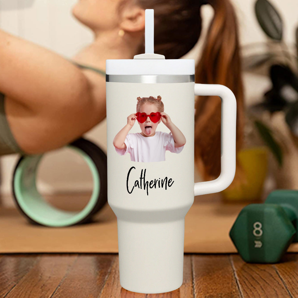 Personalised 40oz Stainless Steel Mug with Handle & Straw - Custom Text Travel Cup Gift