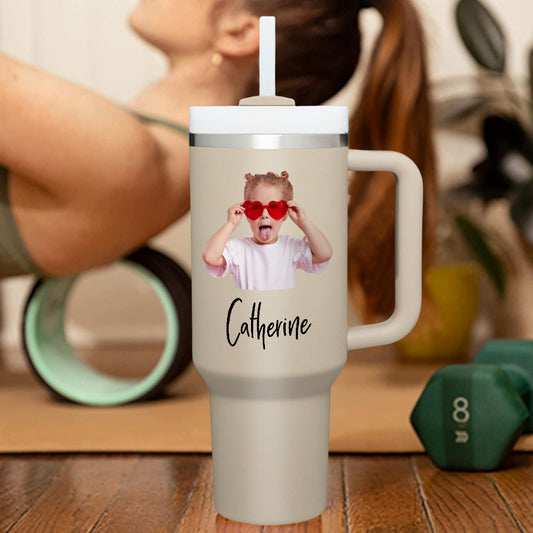 Personalised 40oz Stainless Steel Mug with Handle & Straw - Custom Text Travel Cup Gift