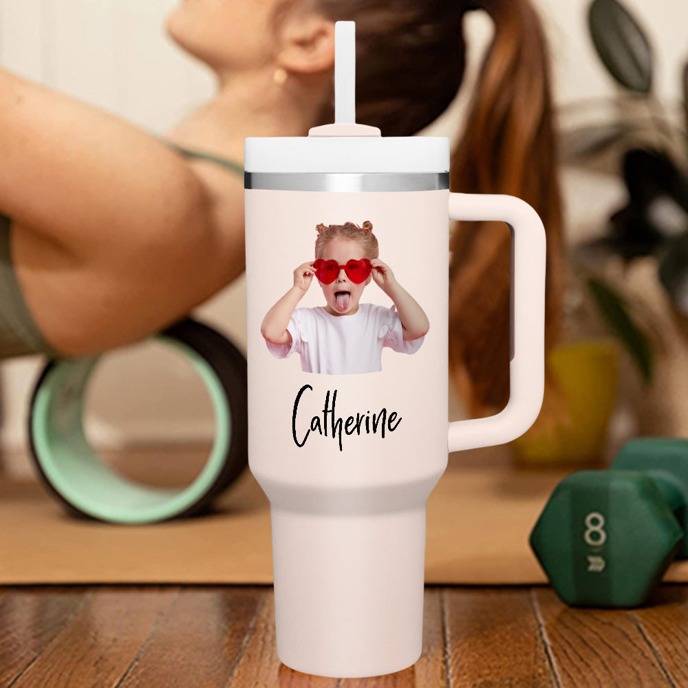 Personalised 40oz Stainless Steel Mug with Handle & Straw - Custom Text Travel Cup Gift