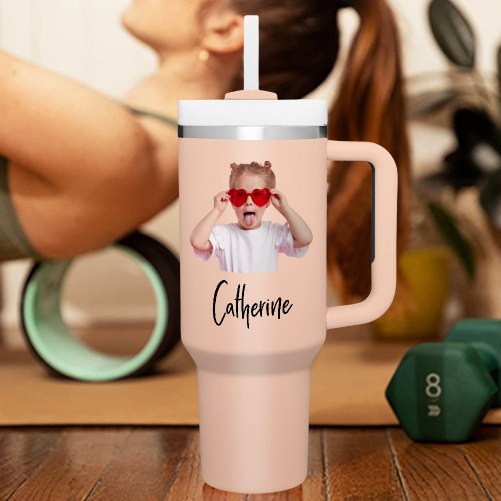 Personalised 40oz Stainless Steel Mug with Handle & Straw - Custom Text Travel Cup Gift