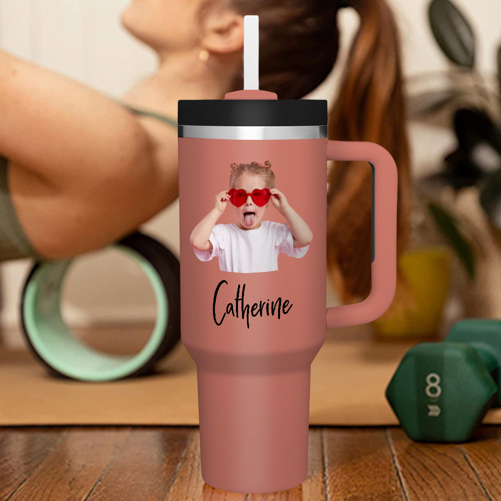 Personalised 40oz Stainless Steel Mug with Handle & Straw - Custom Text Travel Cup Gift