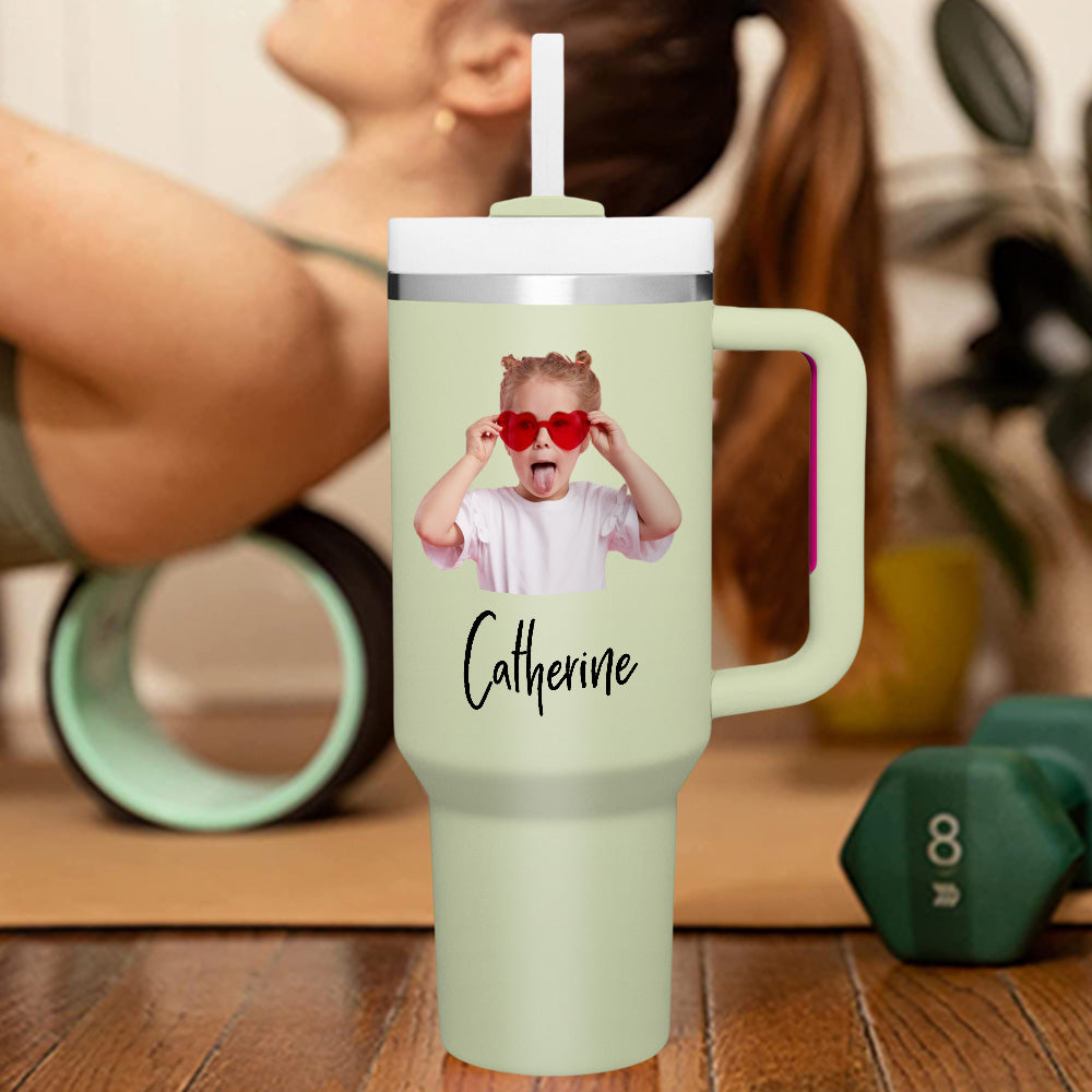 Personalised 40oz Stainless Steel Mug with Handle & Straw - Custom Text Travel Cup Gift