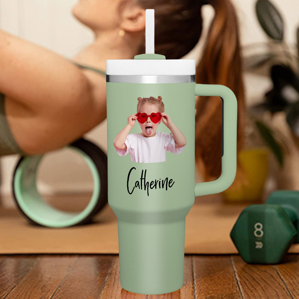 Personalised 40oz Stainless Steel Mug with Handle & Straw - Custom Text Travel Cup Gift