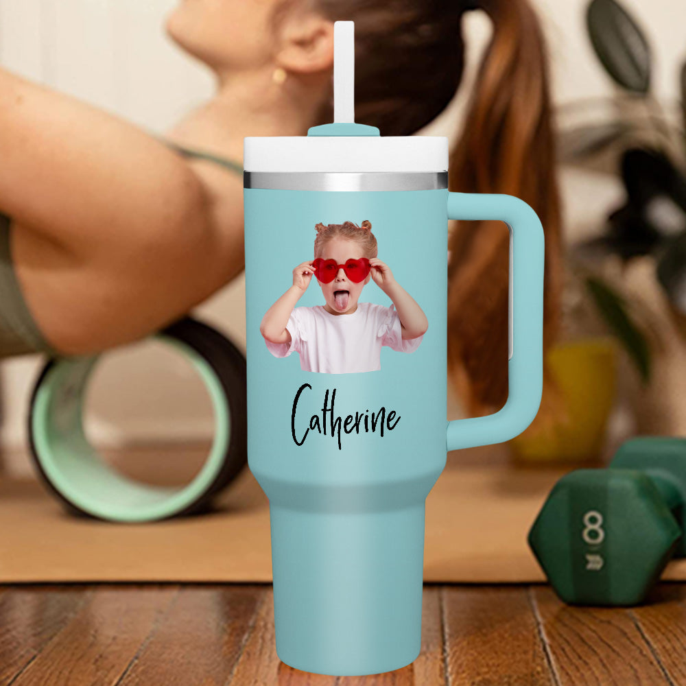 Personalised 40oz Stainless Steel Mug with Handle & Straw - Custom Text Travel Cup Gift