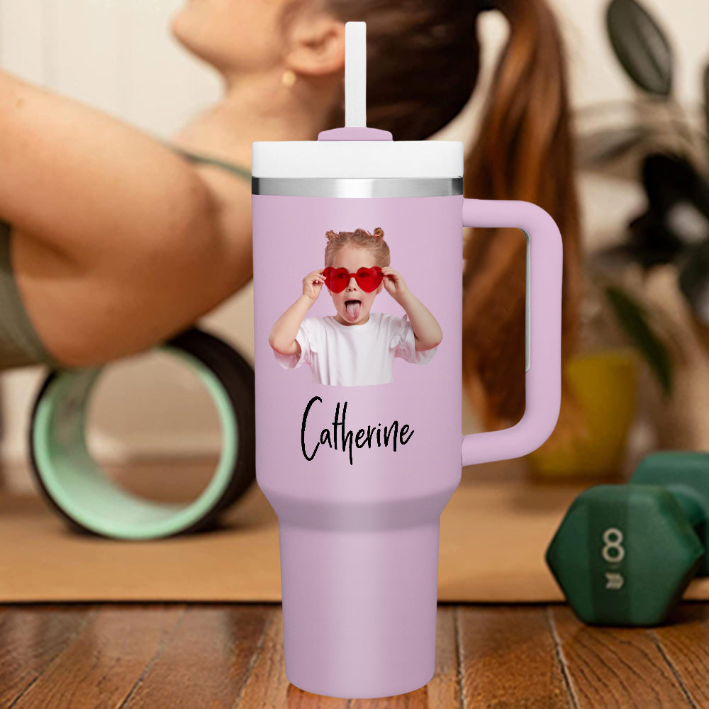 Personalised 40oz Stainless Steel Mug with Handle & Straw - Custom Text Travel Cup Gift