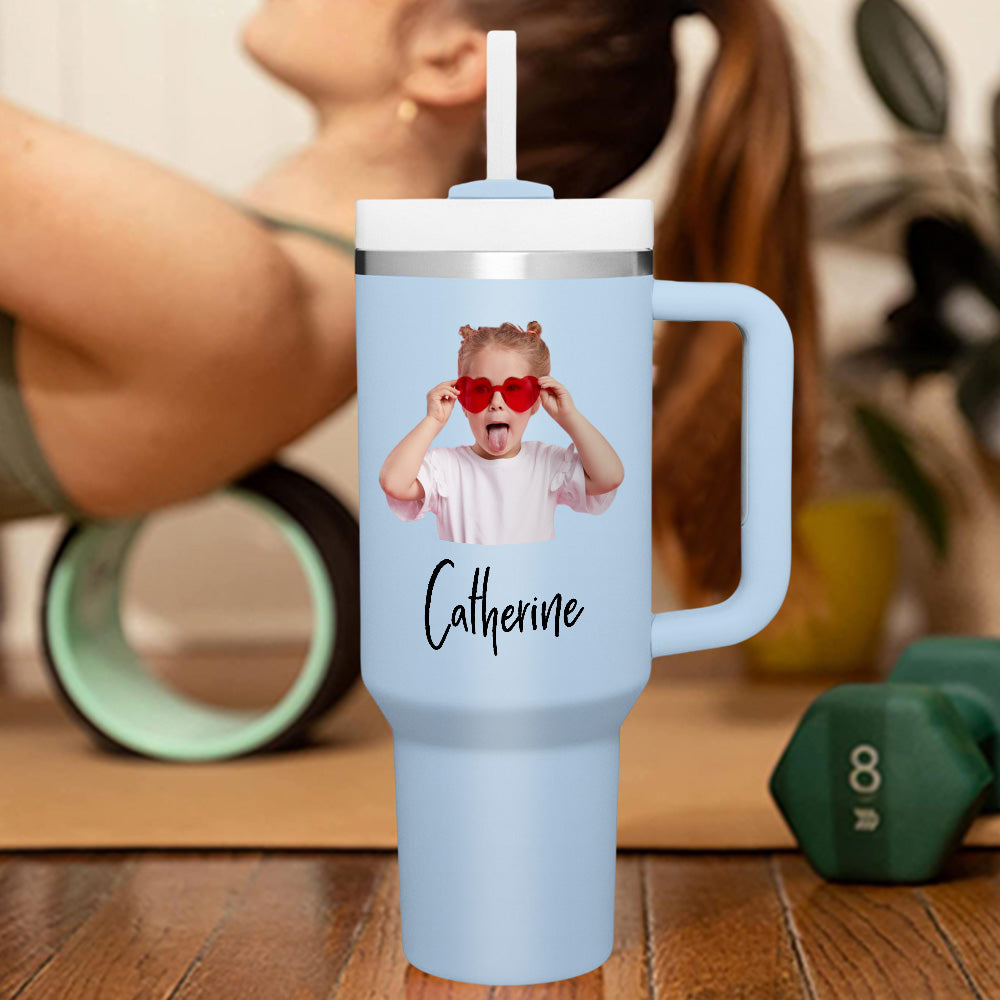 Personalised 40oz Stainless Steel Mug with Handle & Straw - Custom Text Travel Cup Gift