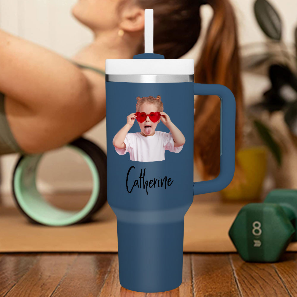 Personalised 40oz Stainless Steel Mug with Handle & Straw - Custom Text Travel Cup Gift